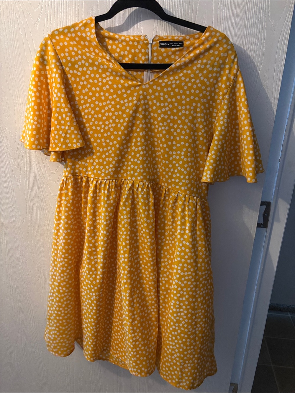 SHEIN Yellow White Flower Polka Dot Flutter Sleeve Dress